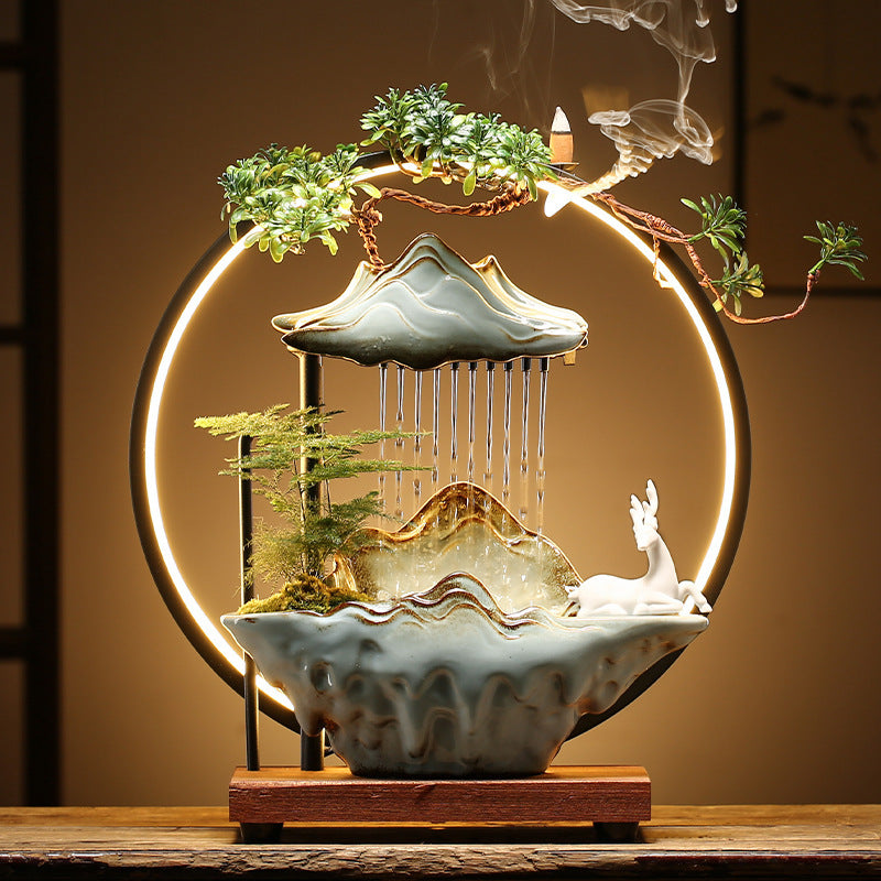 Sheila Merchandise lucky flowing waterscape decor ceramic water fountain with mountain and deer design