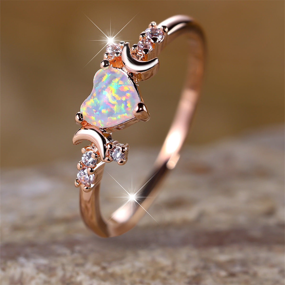 Sheila Merchandise moonstone love ring with heart-shaped opal and crescent moon accents in rose gold