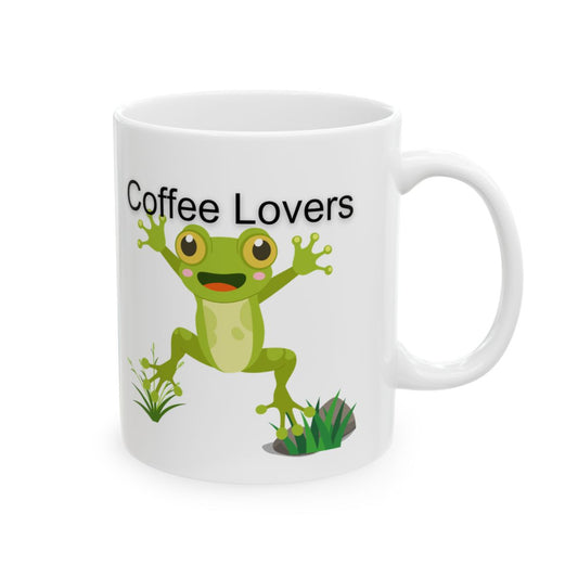 Cute novelty coffee mug for frog lovers featuring a smiling frog and fun typography