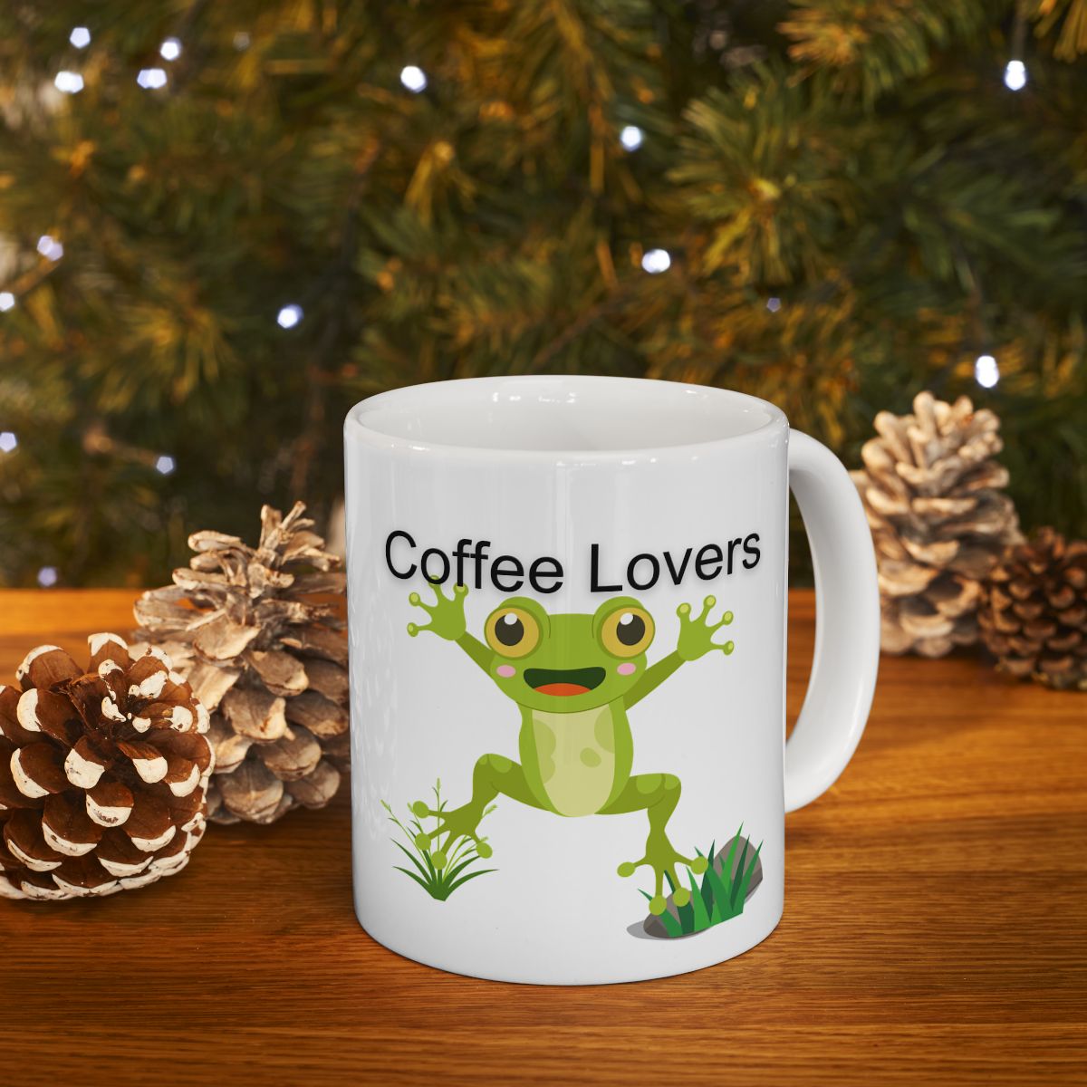 Cute novelty coffee mug for frog lovers featuring a cheerful frog design with the text Coffee Lovers