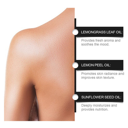 Close-up of smooth shoulder skin with benefits of deep moisture body oil for women including lemongrass, lemon peel, and sunflower seed oils