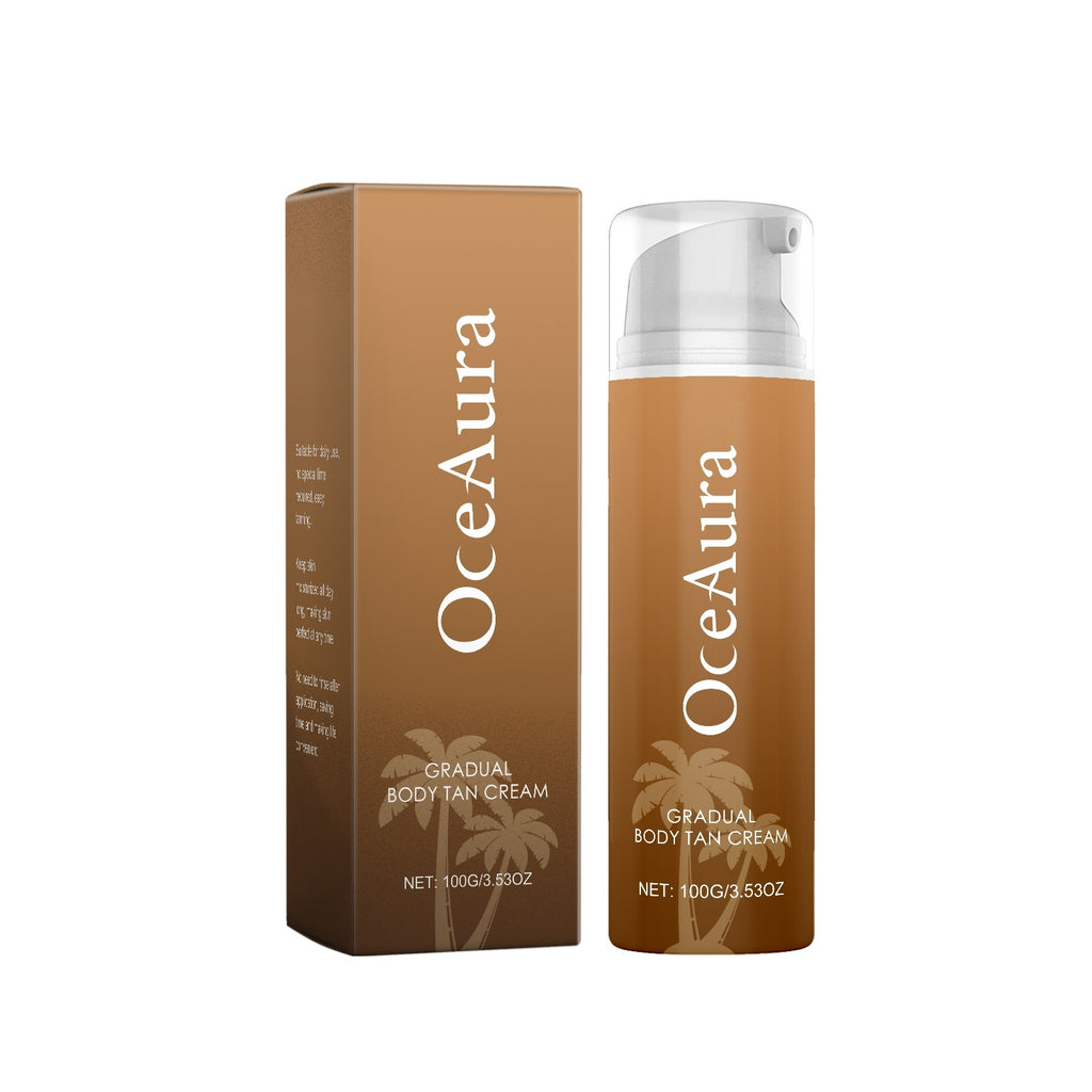 OceAura natural body tanning cream gradual tan cream in a brown pump bottle with matching box