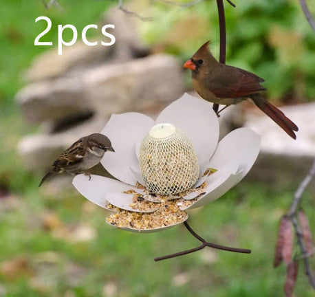 Sheila Merchandise petal shaped bird feeder with two birds perched on white flower design feeder