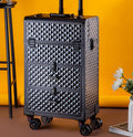 Black portable makeup organizer with wheels featuring a textured design and multiple compartments
