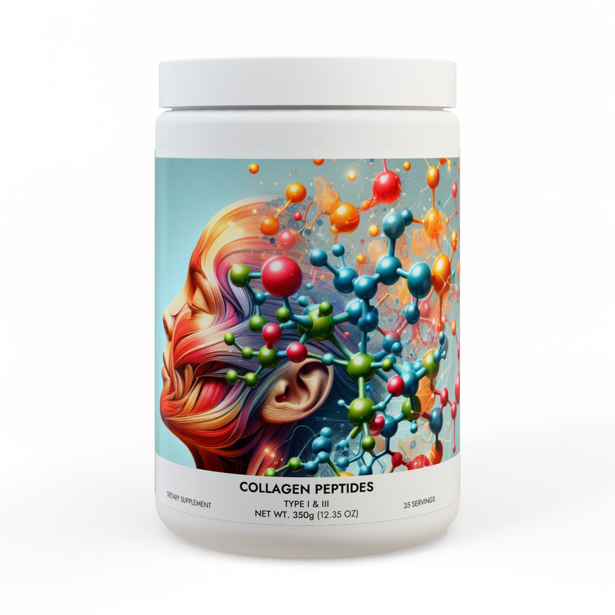 Printify premium collagen peptides supplement container featuring vibrant molecular artwork
