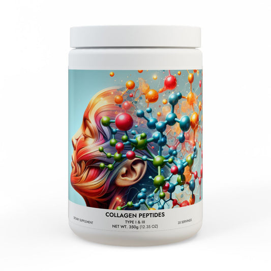 Premium collagen peptides dietary supplement in a 350g container with vibrant molecular design
