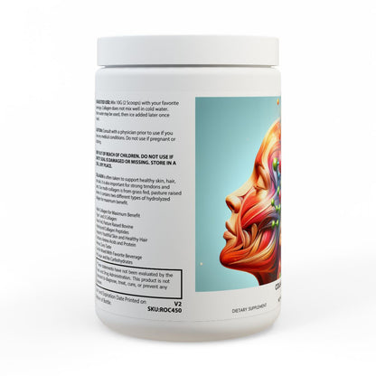 Premium collagen peptides supplement container with detailed nutritional label and vibrant artistic design