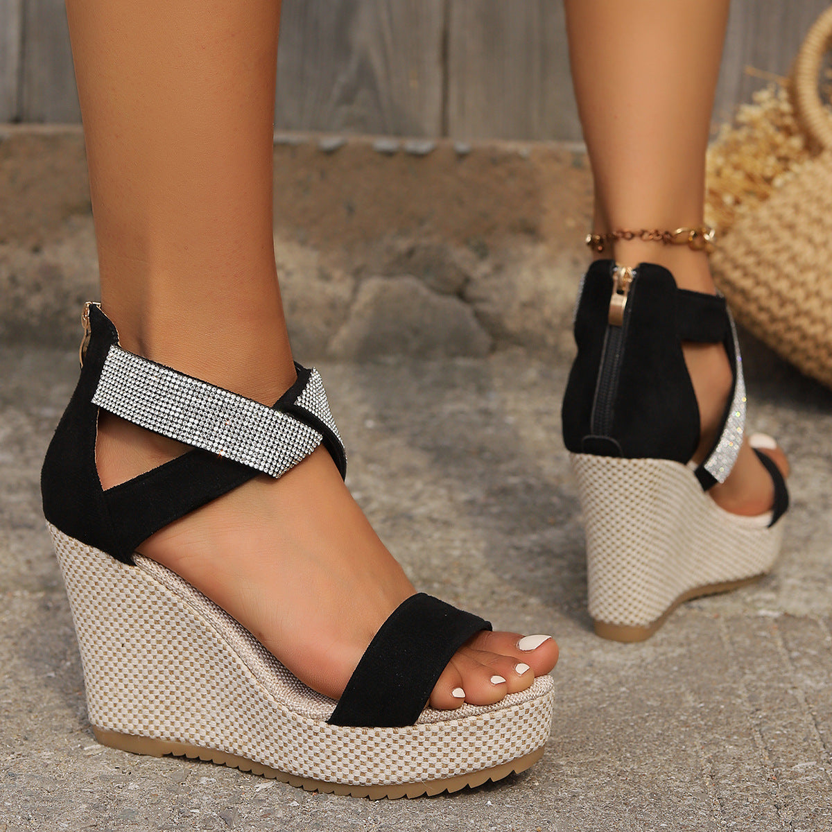 Sheila Merchandise fish mouth high wedges sandals with rhinestone wedge sandals and black straps