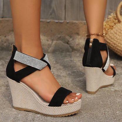 Sheila Merchandise fish mouth high wedges sandals with rhinestone wedge sandals and black straps