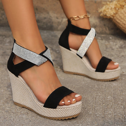 Sheila Merchandise rhinestone wedge sandals with black straps and high fish mouth wedge heels