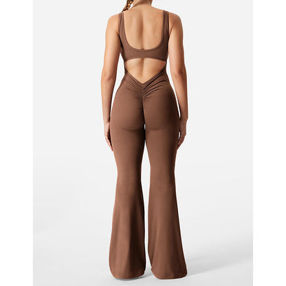 Back view of brown slim fit jumpsuit for women with open back and flared legs by Sheila Merchandise