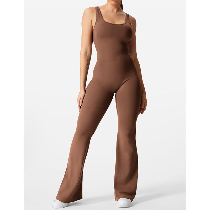 Brown sleeveless slim fit jumpsuit for women with wide-leg pants and scoop neckline
