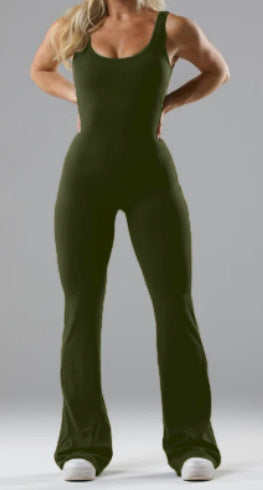 Olive green slim fit jumpsuit for women with sleeveless design and flared legs