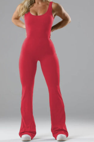 Red sleeveless slim fit jumpsuit for women with wide legs and scoop neckline by Sheila Merchandise