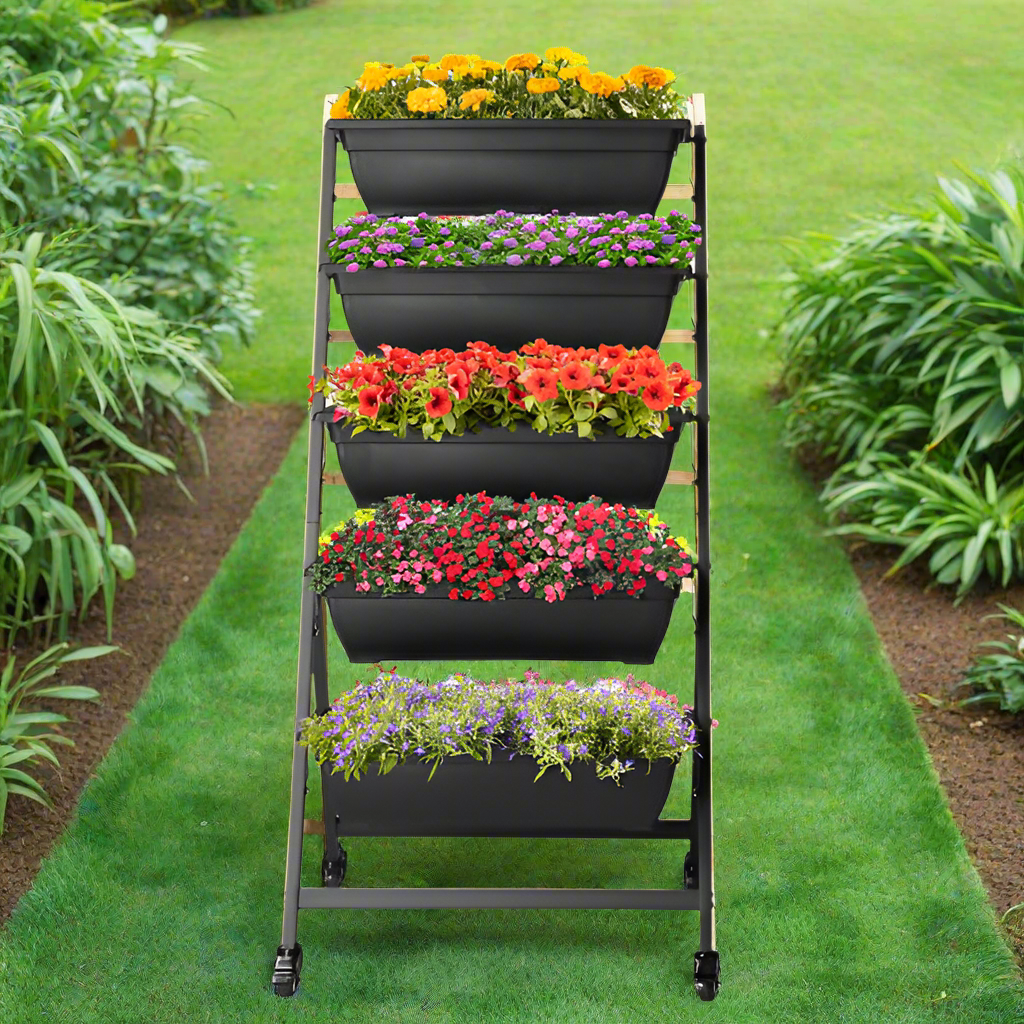 Sheila Merchandise stackable garden beds designed for easy gardening with vibrant flowers in each tier