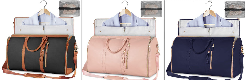 Three stylish travel bags in black, pink, and navy with spacious compartments and leather accents