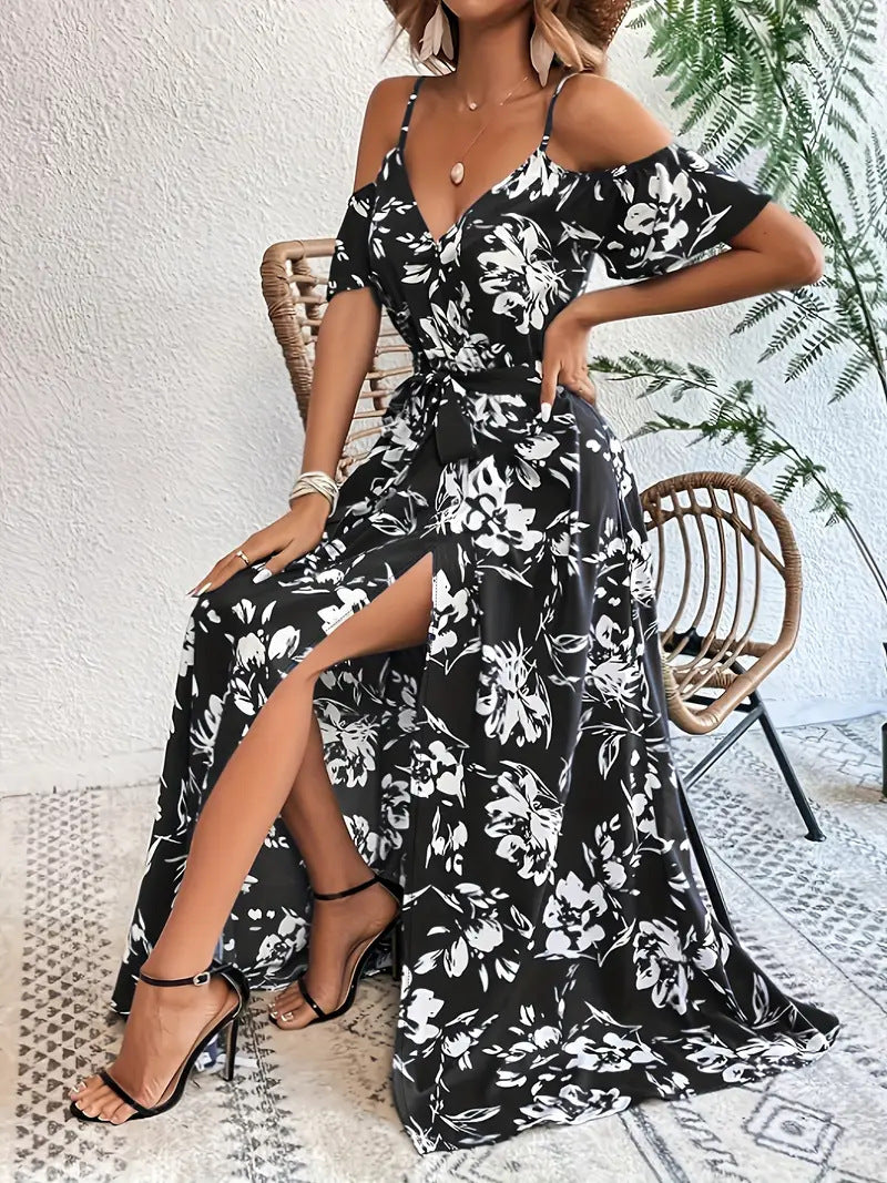 Sheila Merchandise black and white summer beach long dress with floral print and side slit