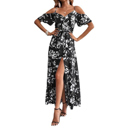 Sheila Merchandise black and white floral summer beach long dress with off shoulder and front slit