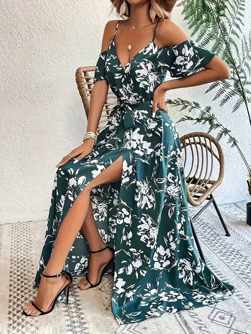 Sheila Merchandise summer beach long dress with green floral print and side slit worn with black heels