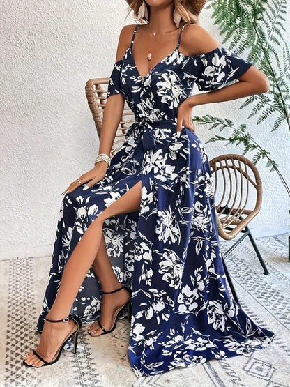 Sheila Merchandise summer beach long dress with navy blue and white floral print and side slit