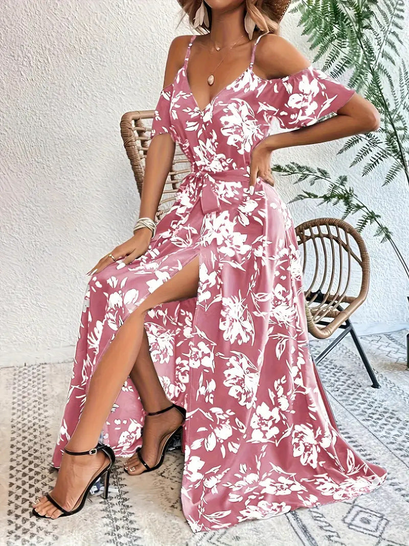 Sheila Merchandise summer beach long dress in pink floral print with cold shoulder and side slit
