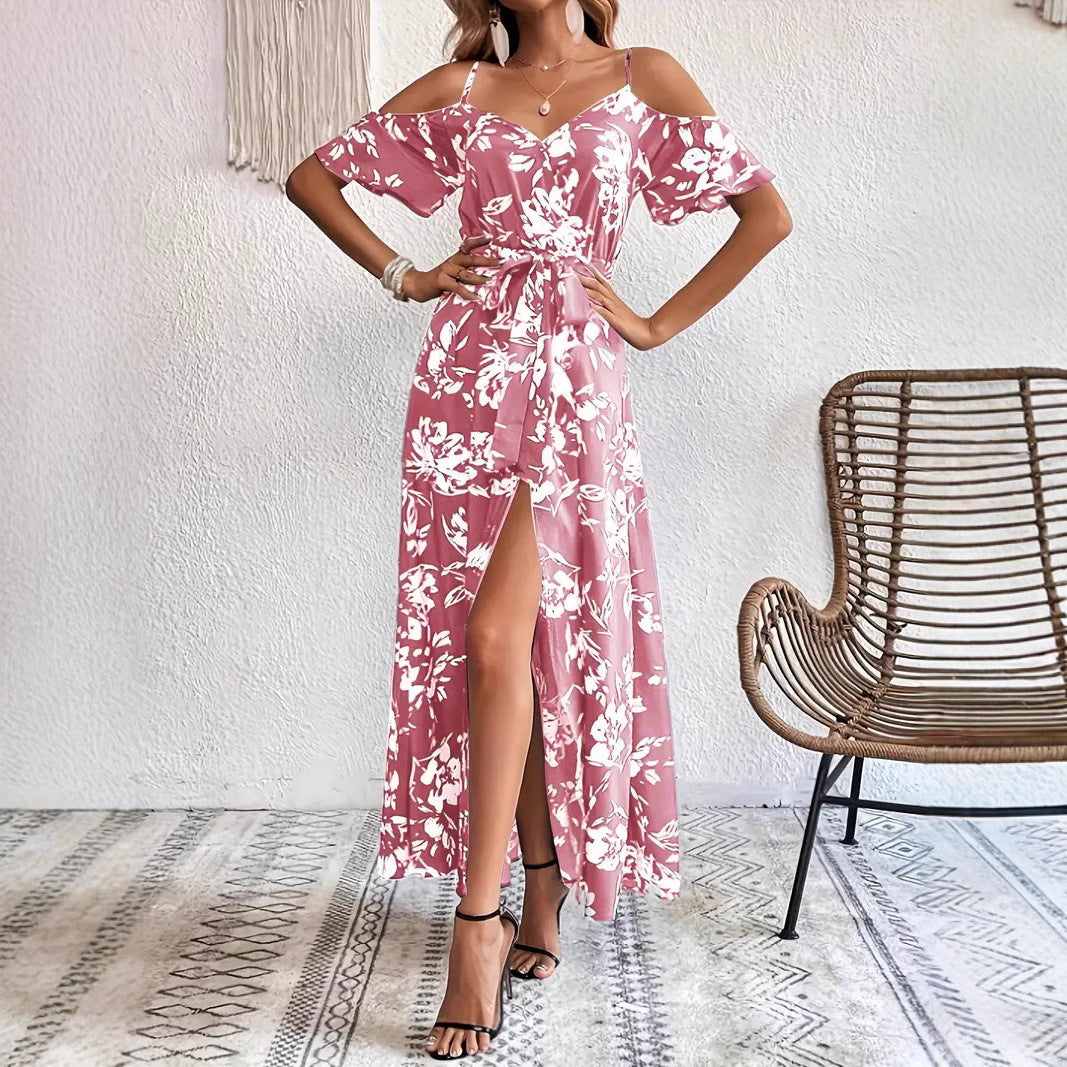 Sheila Merchandise summer beach long dress in pink floral pattern with cold shoulder design and front slit