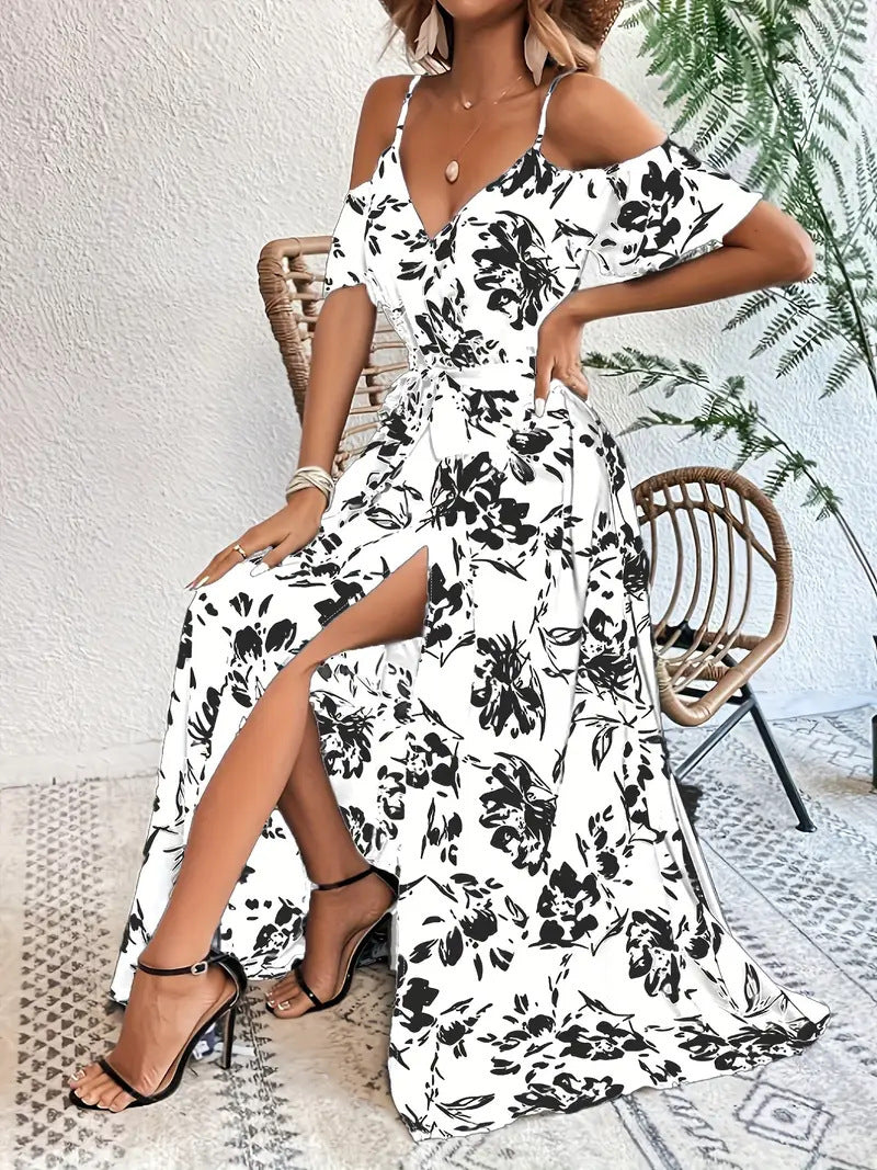 Sheila Merchandise summer beach long dress in white with black floral print and side slit