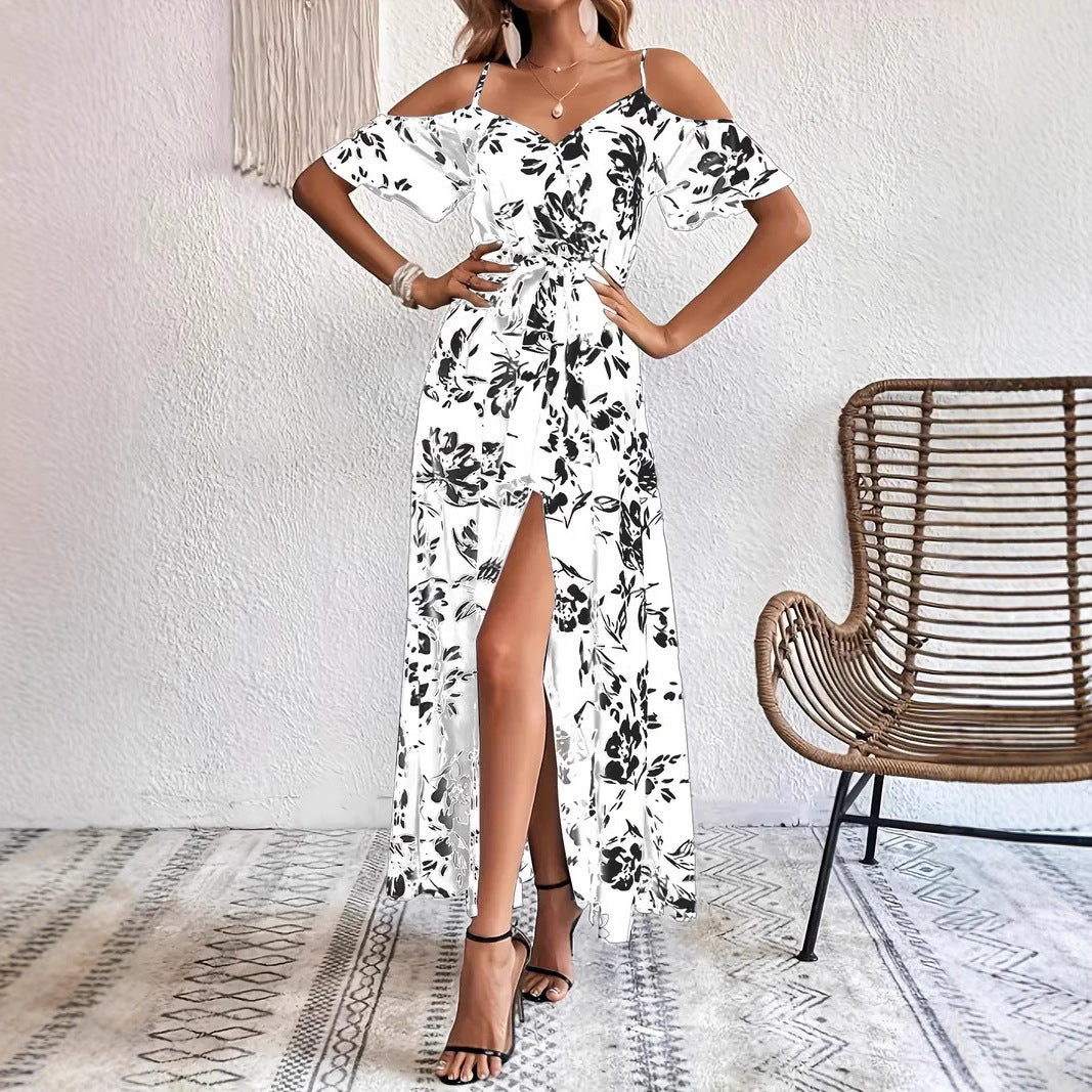 Sheila Merchandise summer beach long dress with black and white floral print and off shoulder design
