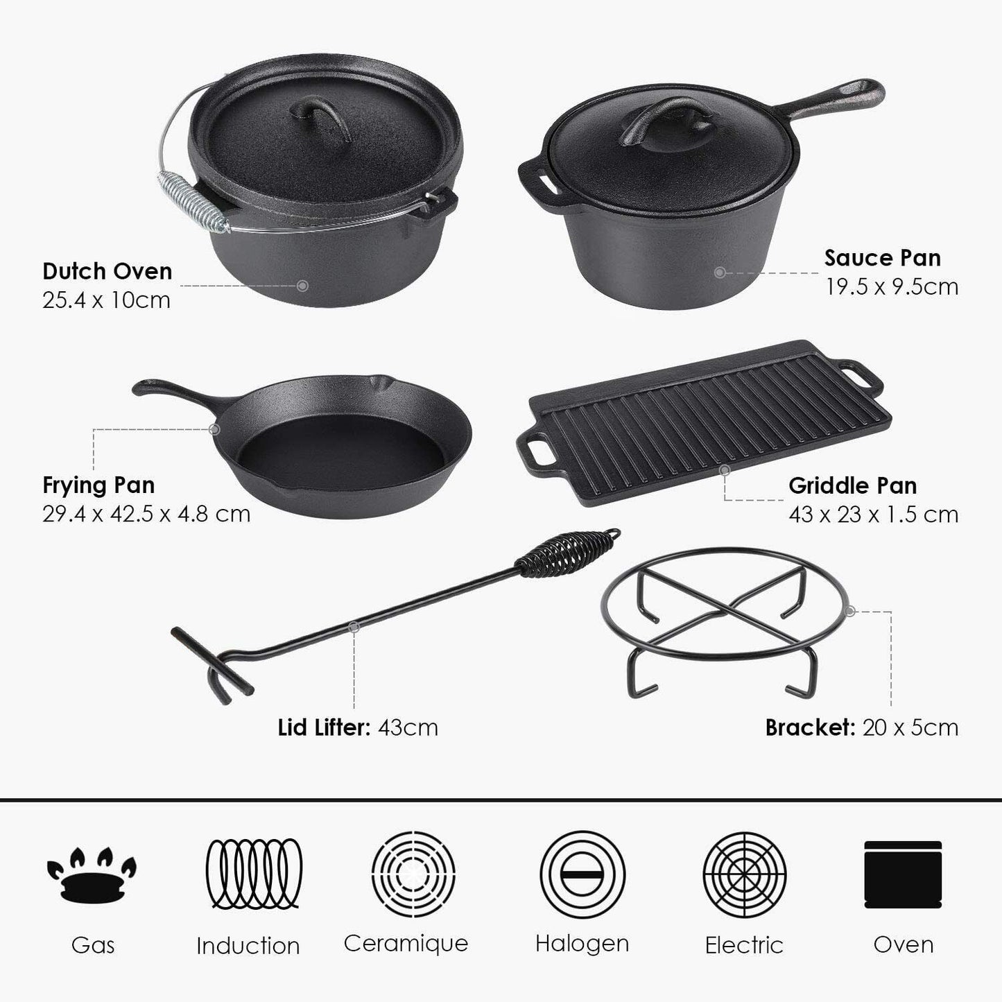 Cast iron oven camping set including Dutch oven, sauce pan, frying pan, griddle pan, lid lifter, and bracket