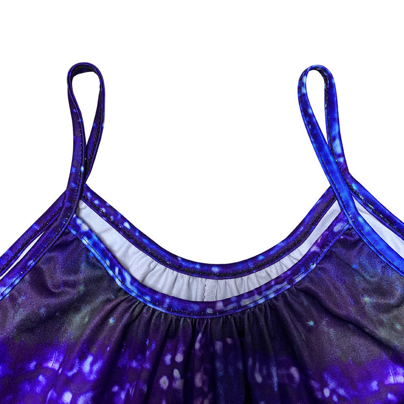 Close-up of purple patterned fabric straps on a casual sleeveless jumpsuit for women by Sheila Merchandise
