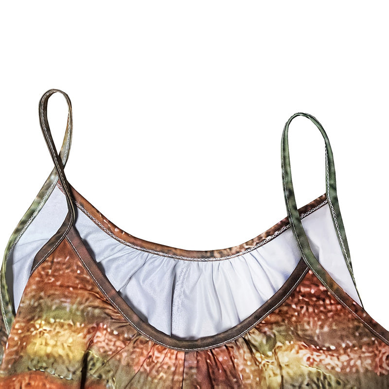 Close-up of brown and green casual sleeveless jumpsuit for women with adjustable straps