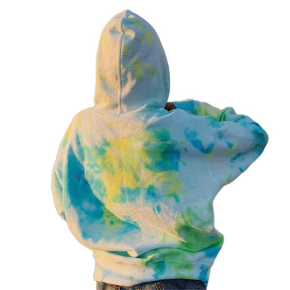 Sheila Merchandise casual tie-dye pullover hoodie with blue green and yellow patterns shown from back