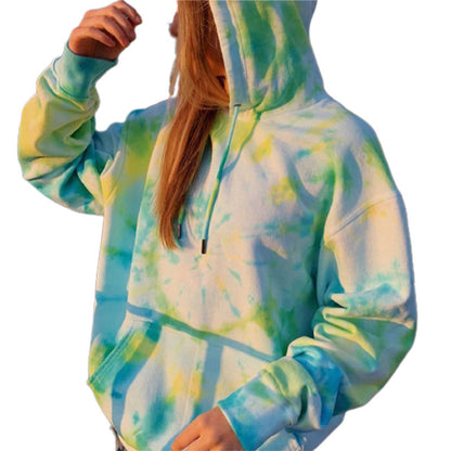 Sheila Merchandise casual tie-dye pullover hoodie in green and yellow with front pocket and hood