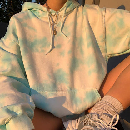 Sheila Merchandise casual tie-dye pullover hoodie in pastel blue and white with front pocket and hood