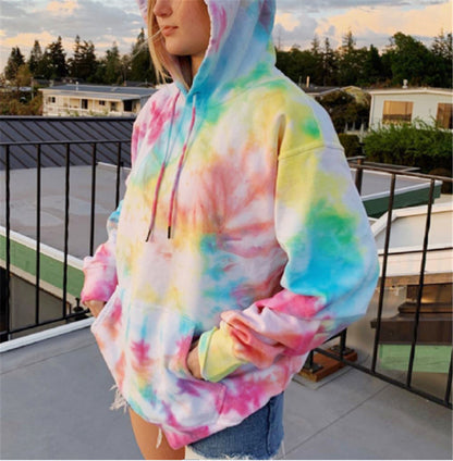 Sheila Merchandise casual tie-dye pullover hoodie with vibrant multicolor pattern and front pocket