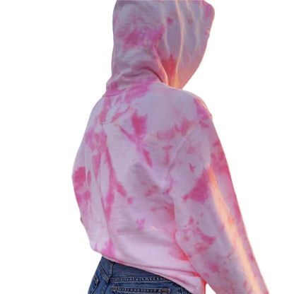 Sheila Merchandise casual tie-dye pullover hoodie in pink and white worn with jeans