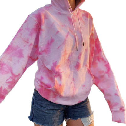 Sheila Merchandise casual tie-dye pullover hoodie in pink and white with front pocket and drawstring hood