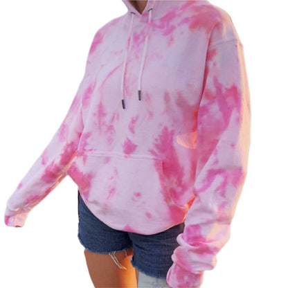 Sheila Merchandise casual tie-dye pullover hoodie in pink and white worn with denim shorts