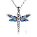 Sterling silver dragonfly urn necklace with blue and purple enamel wings on a chain
