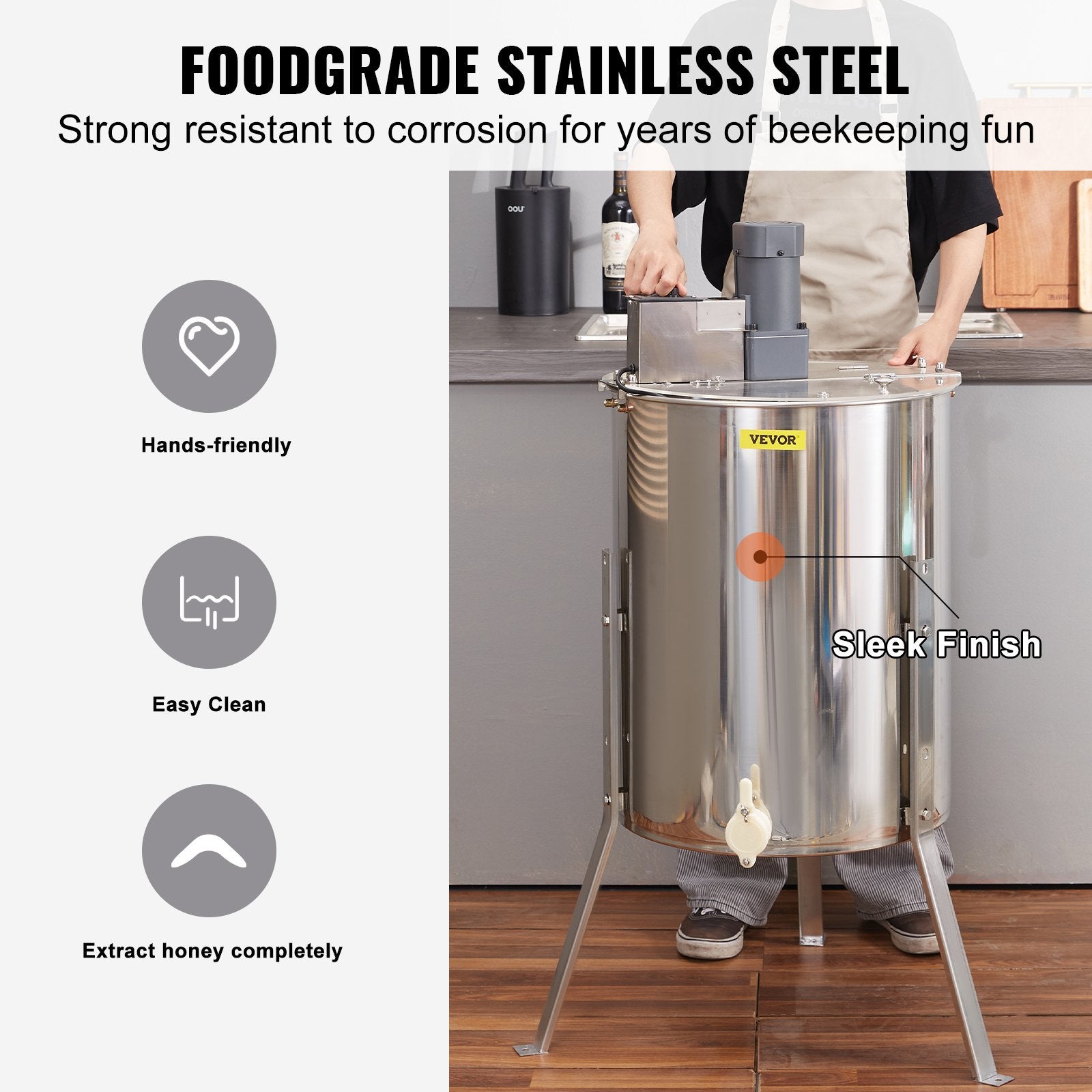 Foodgrade stainless steel honey extractor with sleek finish and corrosion resistance for beekeeping
