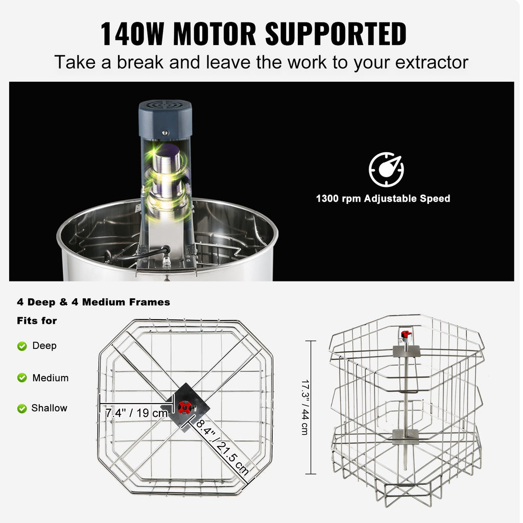 Stainless steel honey extractor with 140W motor and adjustable speed for deep and medium frames