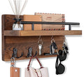 Sheila Merchandise wall-mounted wooden shelf with metal hooks holding keys, sunglasses, and accessories