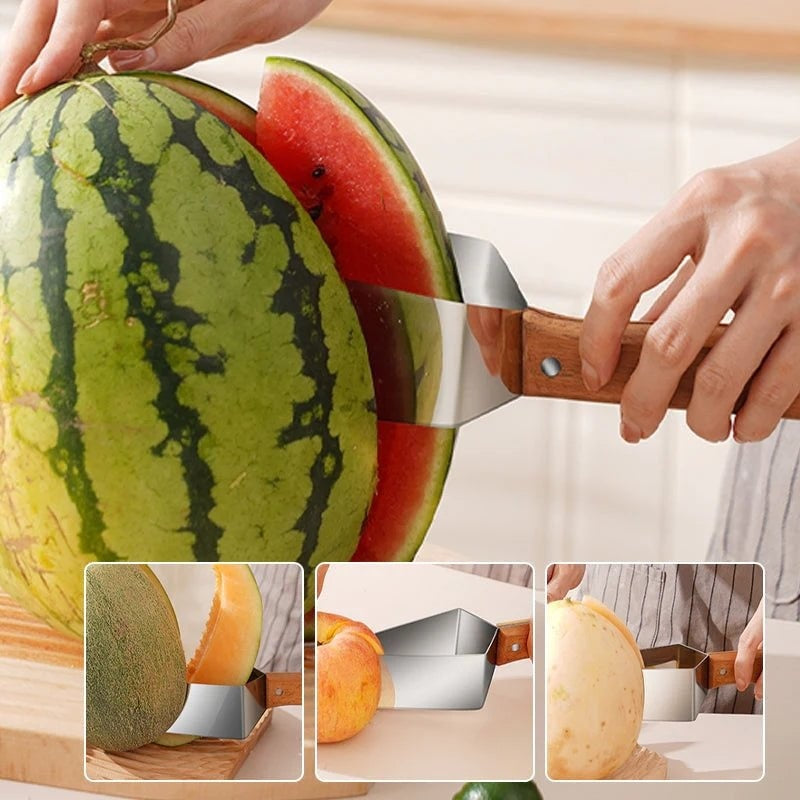 Watermelon slicer stainless steel with wooden handle slicing through a fresh watermelon