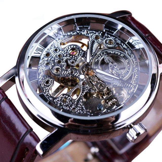 Sheila Merchandise luxury skeleton watch men's with mechanical exposed gears and brown leather strap