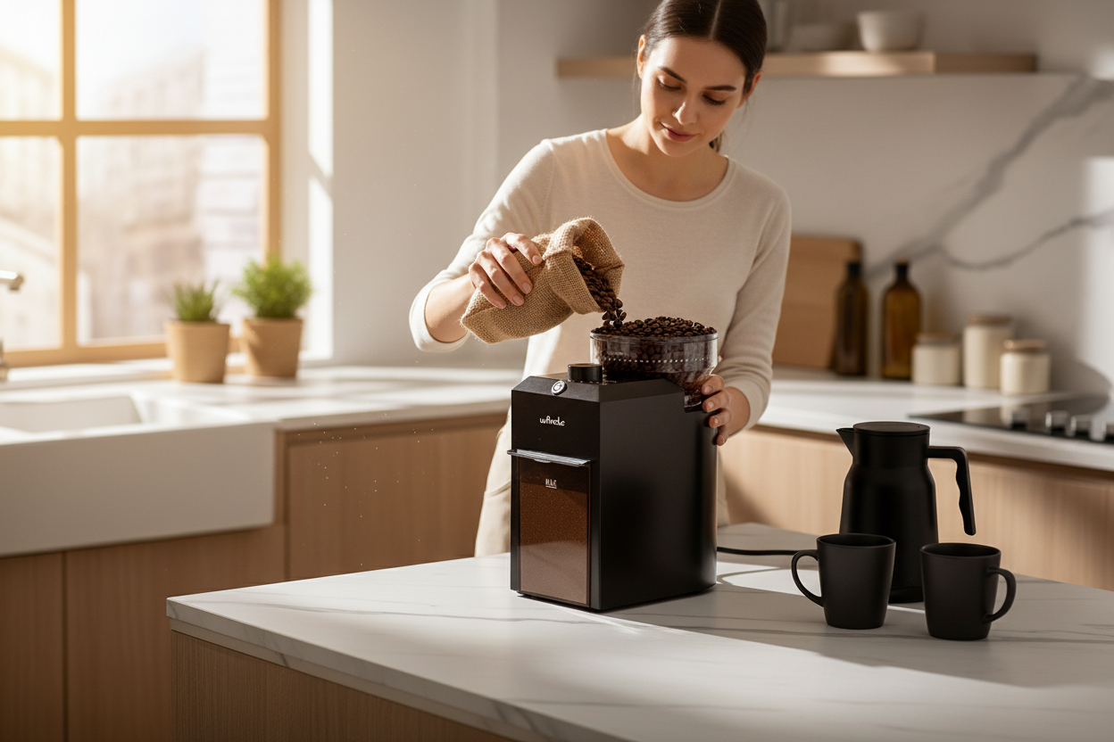 Woman adding coffee beans to Ufnale grinder