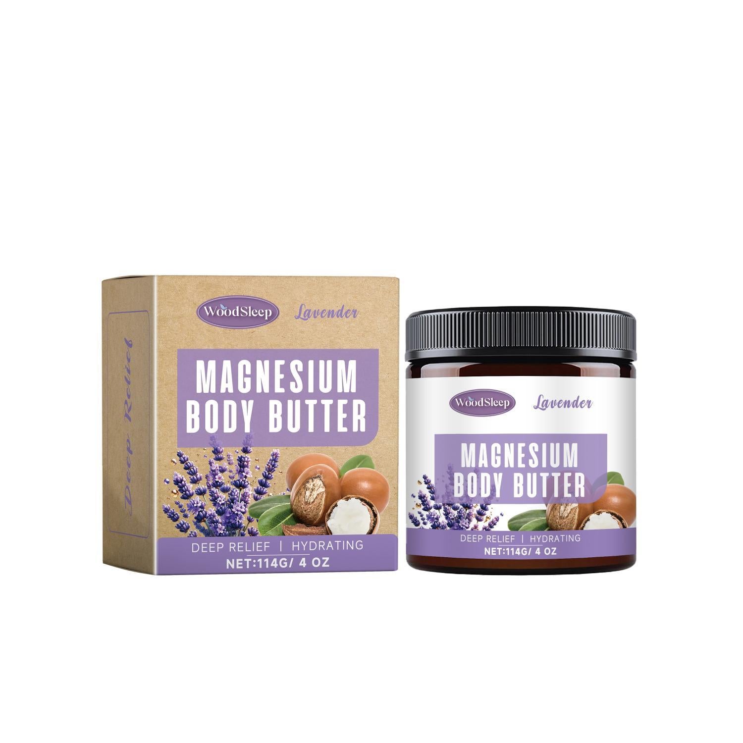 Sheila Merchandise magnesium body butter for stress relief with lavender scent in 4 oz jar and box